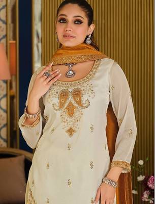 White Embroidered Straight Kurta Palazzos Dupatta Set 2