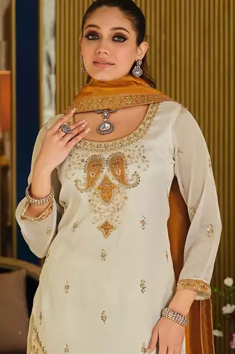 White Embroidered Straight Kurta Palazzos Dupatta Set
