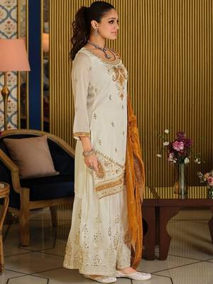 White Embroidered Straight Kurta Palazzos Dupatta Set 3