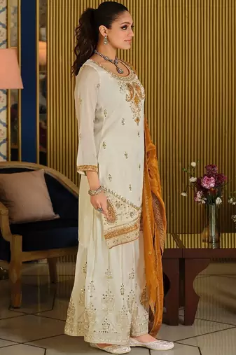 White Embroidered Straight Kurta Palazzos Dupatta Set