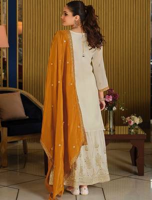 White Embroidered Straight Kurta Palazzos Dupatta Set 4