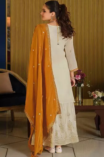 White Embroidered Straight Kurta Palazzos Dupatta Set