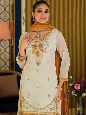 White Embroidered Straight Kurta Palazzos Dupatta Set 5