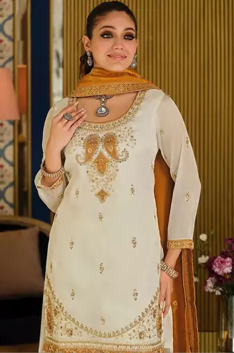 White Embroidered Straight Kurta Palazzos Dupatta Set