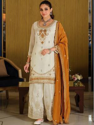 White Embroidered Straight Kurta Palazzos Dupatta Set 6