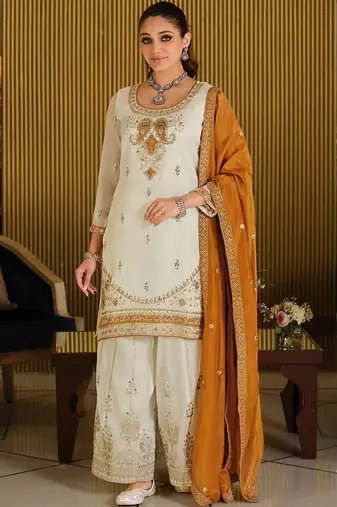 White Embroidered Straight Kurta Palazzos Dupatta Set