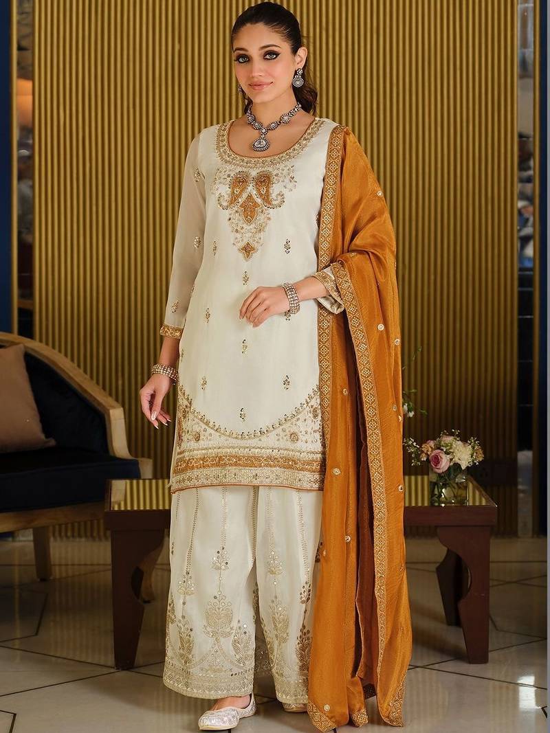 White Embroidered Straight Kurta Palazzos Dupatta Set
