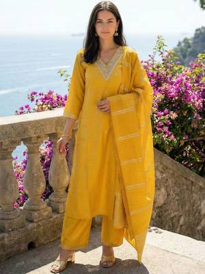 Women Ethnic Motifs Embroidered Regular Thread Work Kurta with Trousers & With Dupatta 1