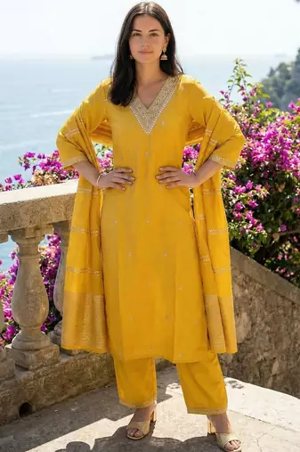Women Ethnic Motifs Embroidered Regular Thread Work Kurta with Trousers & With Dupatta