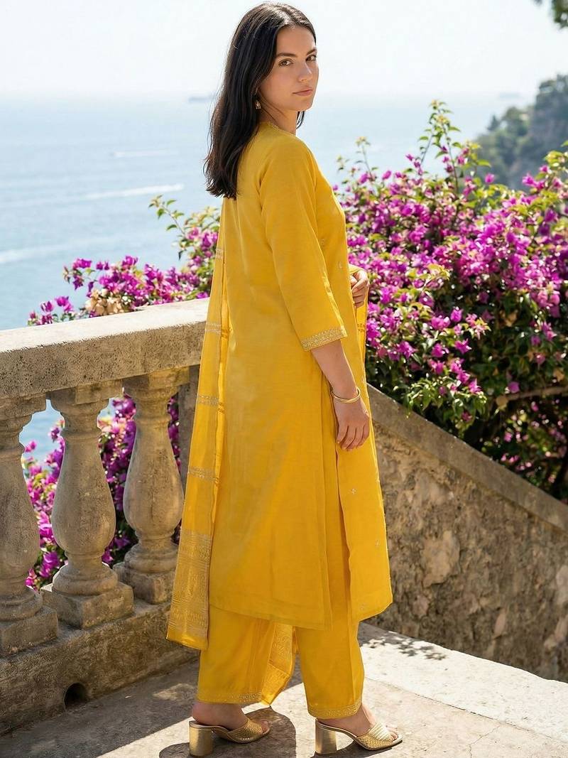 Women Ethnic Motifs Embroidered Regular Thread Work Kurta with Trousers & With Dupatta