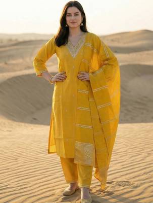 Yellow Embroidered Straight Kurta Trousers Dupatta Set 1