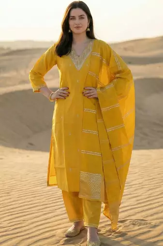 Yellow Embroidered Straight Kurta Trousers Dupatta Set