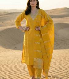 Yellow Embroidered Straight Kurta Trousers Dupatta Set