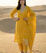 Yellow Embroidered Straight Kurta Trousers Dupatta Set