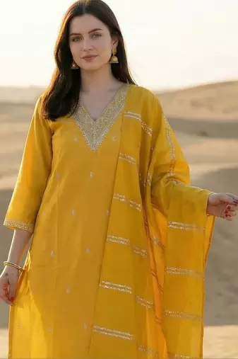 Yellow Embroidered Straight Kurta Trousers Dupatta Set