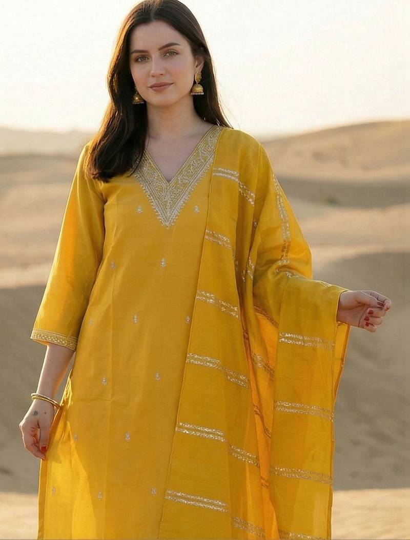 Yellow Embroidered Straight Kurta Trousers Dupatta Set