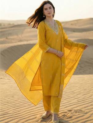 Yellow Embroidered Straight Kurta Trousers Dupatta Set 3