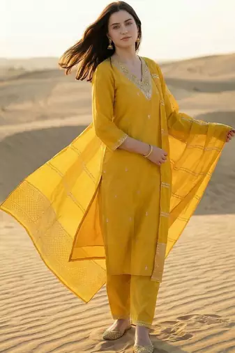 Yellow Embroidered Straight Kurta Trousers Dupatta Set