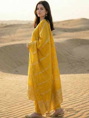 Yellow Embroidered Straight Kurta Trousers Dupatta Set 4