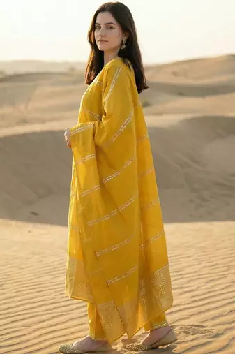 Yellow Embroidered Straight Kurta Trousers Dupatta Set