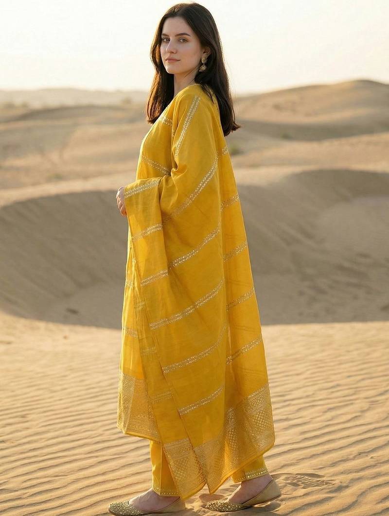 Yellow Embroidered Straight Kurta Trousers Dupatta Set