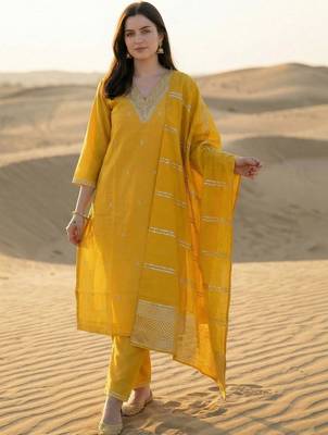 Yellow Embroidered Straight Kurta Trousers Dupatta Set 5