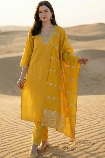 Yellow Embroidered Straight Kurta Trousers Dupatta Set
