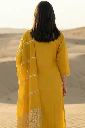 Yellow Embroidered Straight Kurta Trousers Dupatta Set