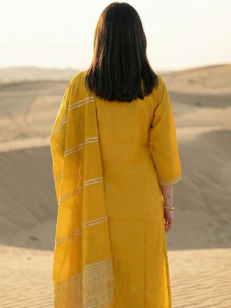 Yellow Embroidered Straight Kurta Trousers Dupatta Set