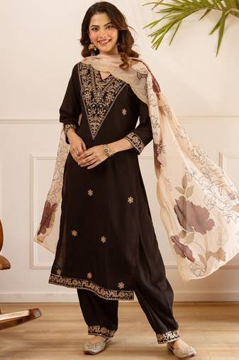 Women Ethnic Motifs Embroidered Regular Thread Work Kurta with Trousers & With Dupatta