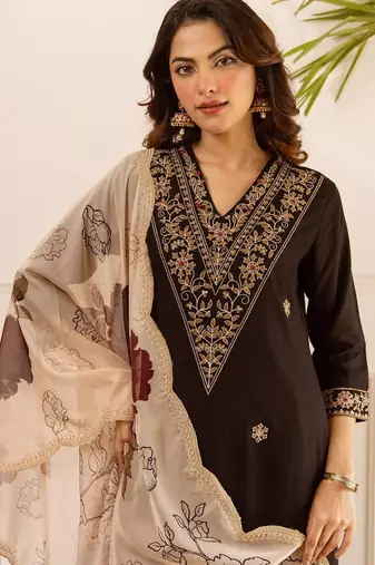 Women Ethnic Motifs Embroidered Regular Thread Work Kurta with Trousers & With Dupatta