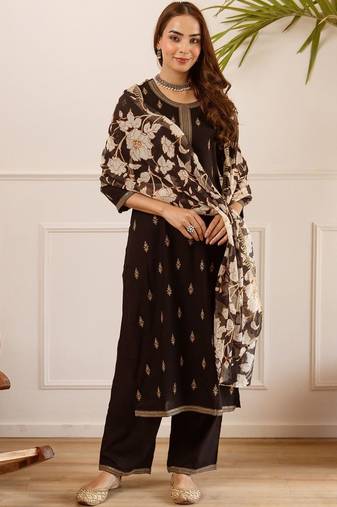 Women Ethnic Motifs Embroidered Regular Thread Work Kurta with Palazzos & With Dupatta