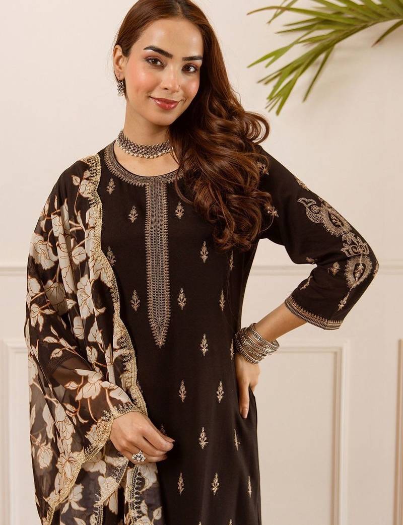 Women Ethnic Motifs Embroidered Regular Thread Work Kurta with Palazzos & With Dupatta