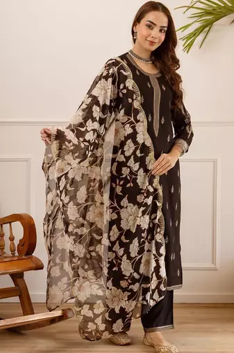 Women Ethnic Motifs Embroidered Regular Thread Work Kurta with Palazzos & With Dupatta