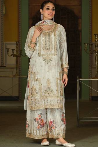 Women Floral Printed Regular Thread Work Kurta with Palazzos & With Dupatta