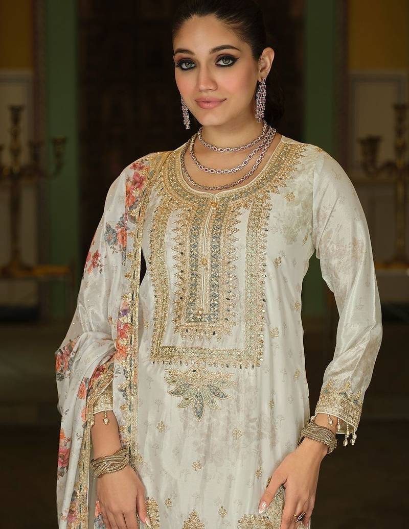 Women Floral Printed Regular Thread Work Kurta with Palazzos & With Dupatta
