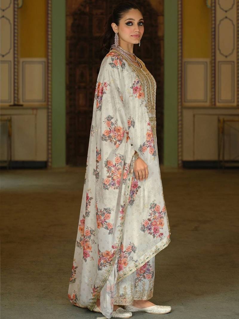 Women Floral Printed Regular Thread Work Kurta with Palazzos & With Dupatta
