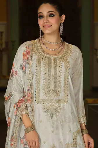Women Floral Printed Regular Thread Work Kurta with Palazzos & With Dupatta