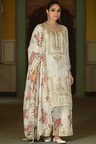 Women Floral Printed Regular Thread Work Kurta with Palazzos & With Dupatta