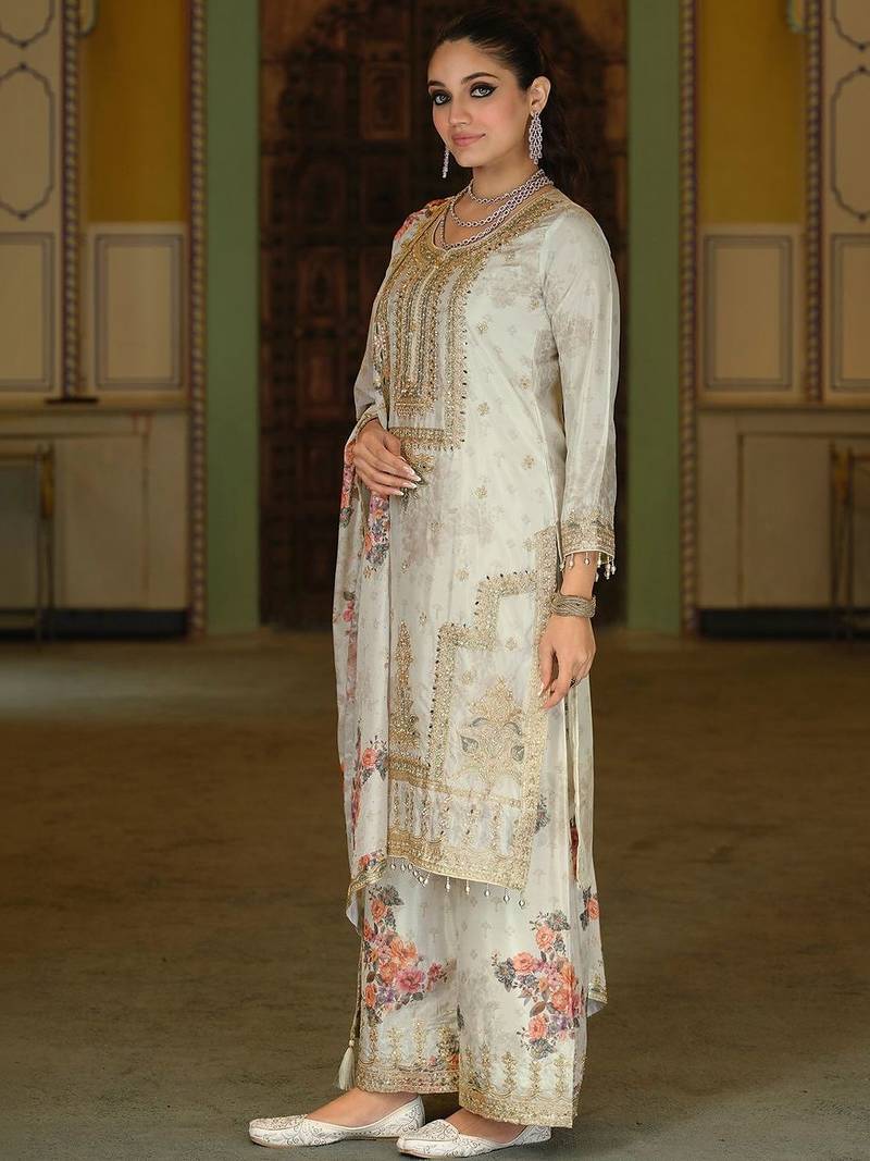 Women Floral Printed Regular Thread Work Kurta with Palazzos & With Dupatta