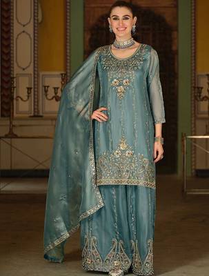 Ethnic Motifs Embroidered Regular Sequinned Kurta with Sharara & With Dupatta 1