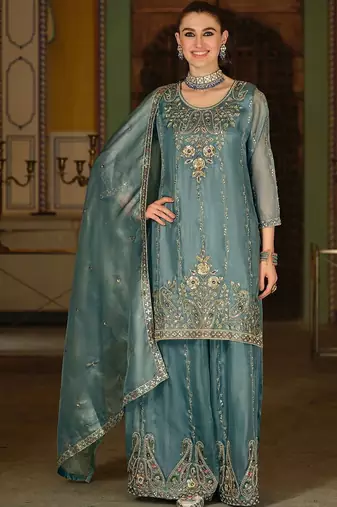 Ethnic Motifs Embroidered Regular Sequinned Kurta with Sharara & With Dupatta