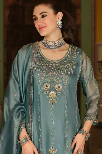 Ethnic Motifs Embroidered Regular Sequinned Kurta with Sharara & With Dupatta