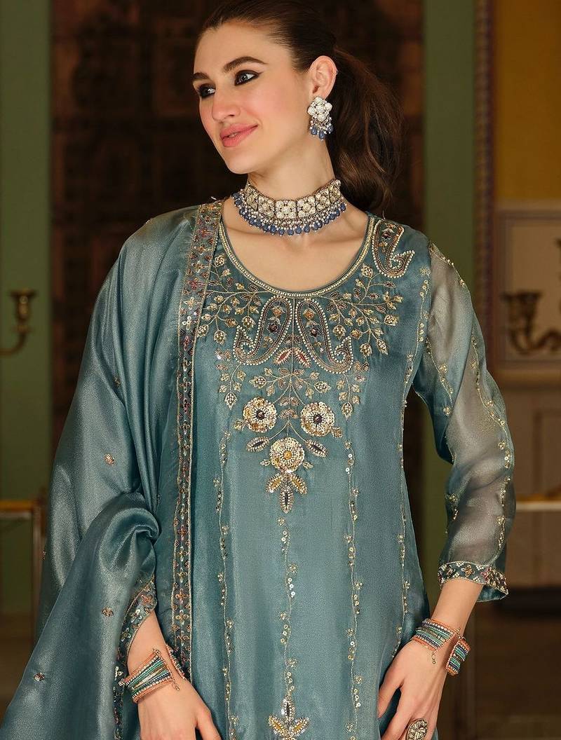 Ethnic Motifs Embroidered Regular Sequinned Kurta with Sharara & With Dupatta