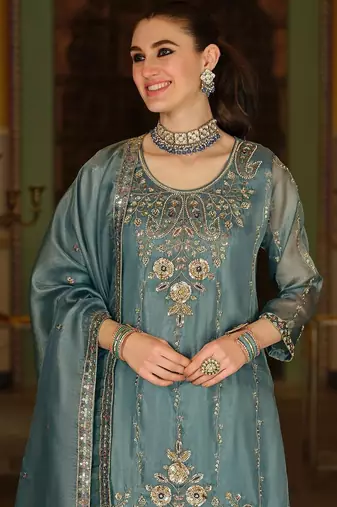Ethnic Motifs Embroidered Regular Sequinned Kurta with Sharara & With Dupatta