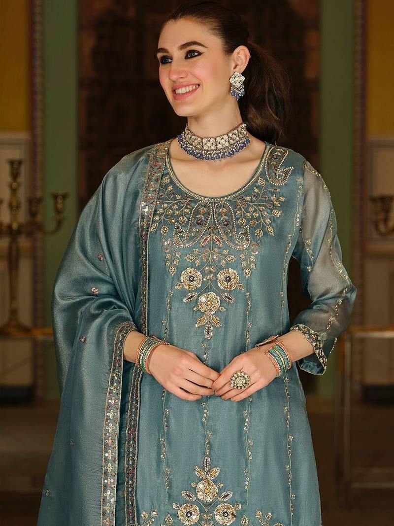 Ethnic Motifs Embroidered Regular Sequinned Kurta with Sharara & With Dupatta