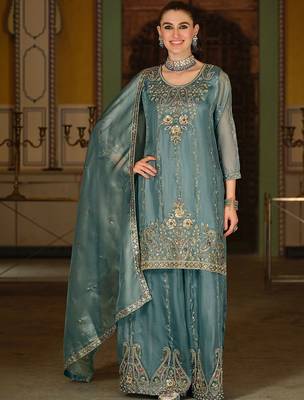 Ethnic Motifs Embroidered Regular Sequinned Kurta with Sharara & With Dupatta 5