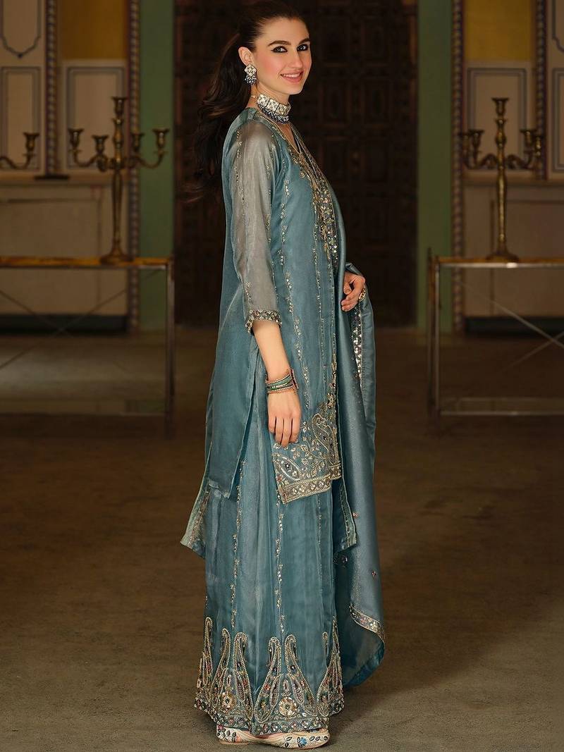 Ethnic Motifs Embroidered Regular Sequinned Kurta with Sharara & With Dupatta