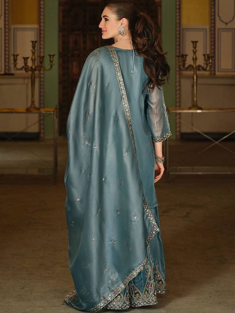 Ethnic Motifs Embroidered Regular Sequinned Kurta with Sharara & With Dupatta