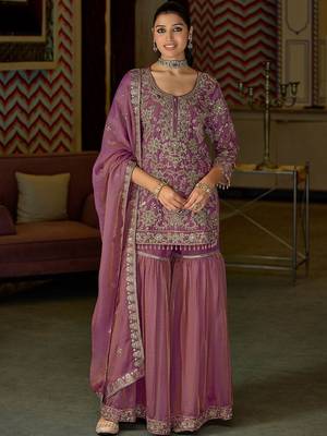 Women Ethnic Motifs Embroidered Regular Thread Work Kurta with Sharara & With Dupatta 1
